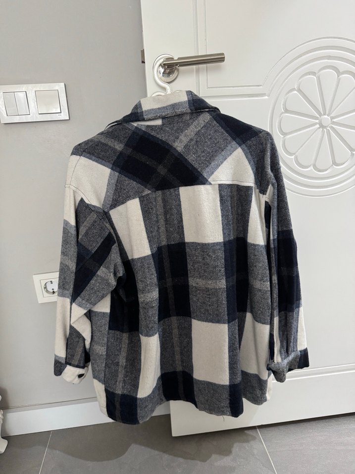 Lacivert Kareli Düğmeli Kadın Gömlek - Görsel 4