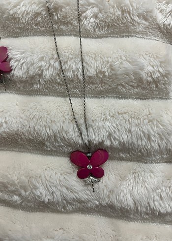 Pembe kelebek kolye küpe seti - Görsel 3
