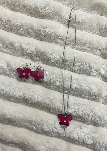 Pembe kelebek kolye küpe seti - Görsel 2
