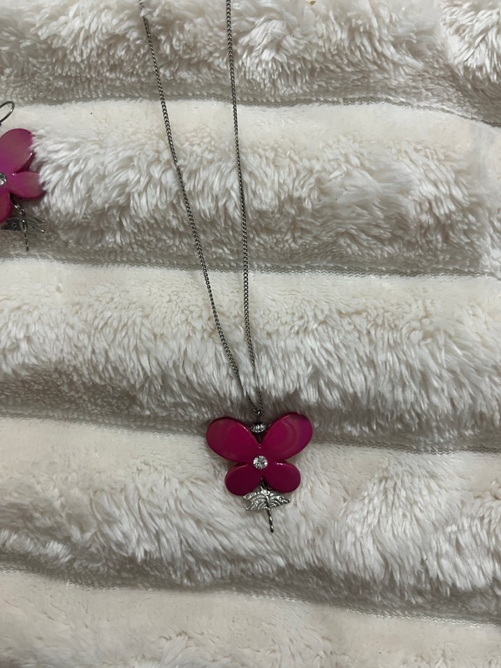 Pembe kelebek kolye küpe seti - Görsel 3