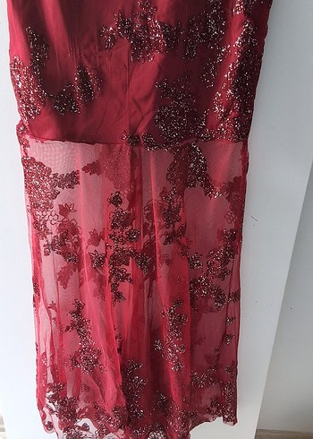 Bordo Tül  İşlemeli Uzun Abiye Elbise - Görsel 6