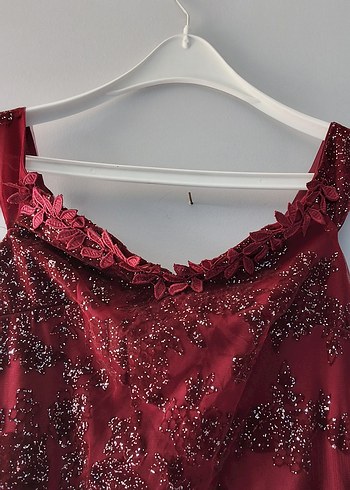 Bordo Tül  İşlemeli Uzun Abiye Elbise - Görsel 3