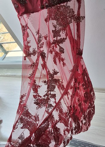 Bordo Tül  İşlemeli Uzun Abiye Elbise - Görsel 7