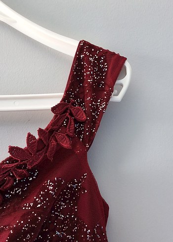 Bordo Tül  İşlemeli Uzun Abiye Elbise - Görsel 4