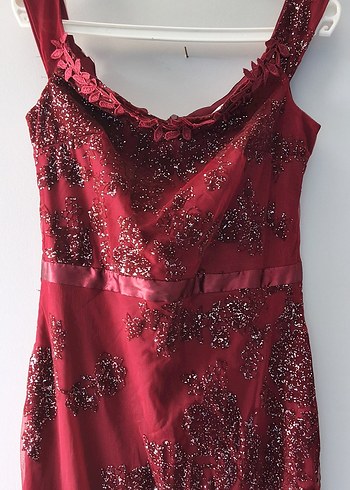 Bordo Tül  İşlemeli Uzun Abiye Elbise - Görsel 2