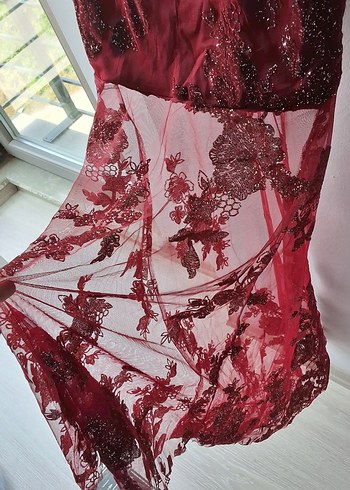 Bordo Tül  İşlemeli Uzun Abiye Elbise - Görsel 8