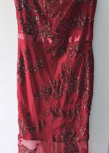 Bordo Tül  İşlemeli Uzun Abiye Elbise - Görsel 9