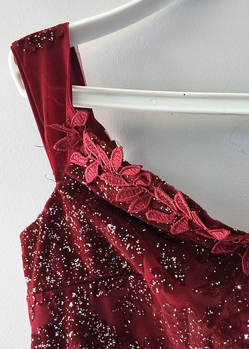 Bordo Tül  İşlemeli Uzun Abiye Elbise - Görsel 5