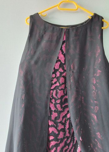 Pembe Siyah Zebra Desenli Uzun Drapeli Elbise Şifon pelerinli - Görsel 2