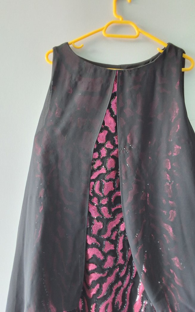 Pembe Siyah Zebra Desenli Uzun Drapeli Elbise Şifon pelerinli - Görsel 2