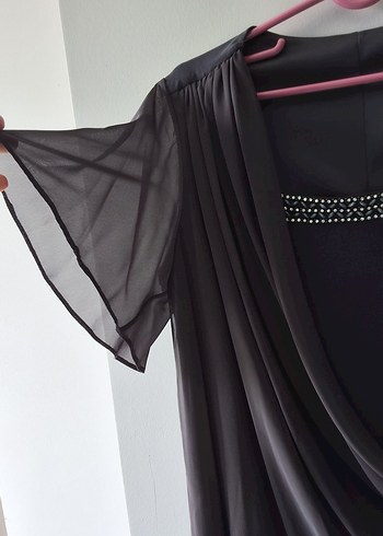 Gri Kısa Şifon  Kollu Drapeli Abiye Elbise - Görsel 5