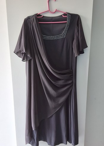 Gri Kısa Şifon  Kollu Drapeli Abiye Elbise - Görsel 3