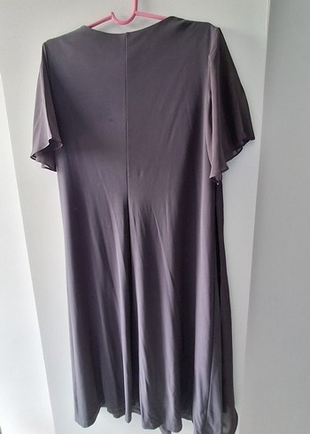 Gri Kısa Şifon  Kollu Drapeli Abiye Elbise - Görsel 6