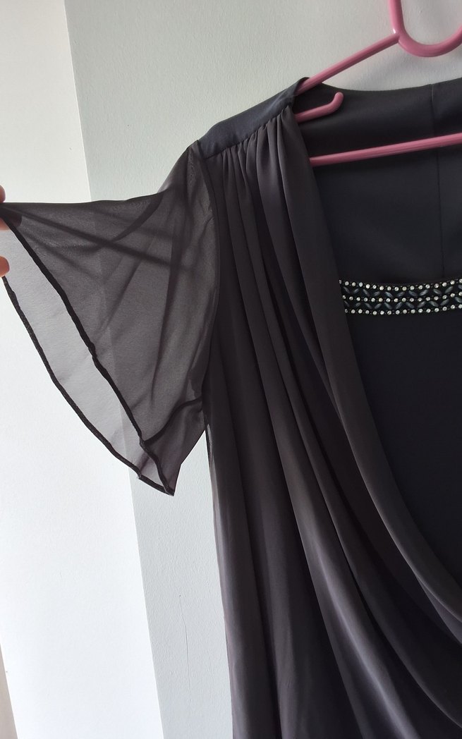 Gri Kısa Şifon  Kollu Drapeli Abiye Elbise - Görsel 5