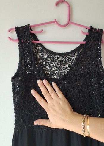 Siyah Payetli V Yaka Midi Abiye Elbise - Görsel 5