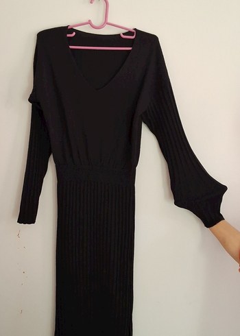 Siyah V Yakalı Uzun Triko Elbise - Görsel 2