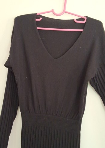 Siyah V Yakalı Uzun Triko Elbise - Görsel 3