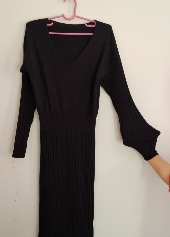 Siyah V Yakalı Uzun Triko Elbise - Görsel 2