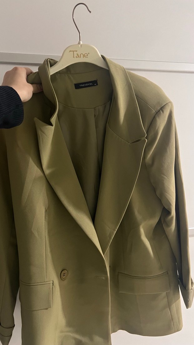 Kadın Haki Düğmeli Midi Blazer Ceket - Görsel 2