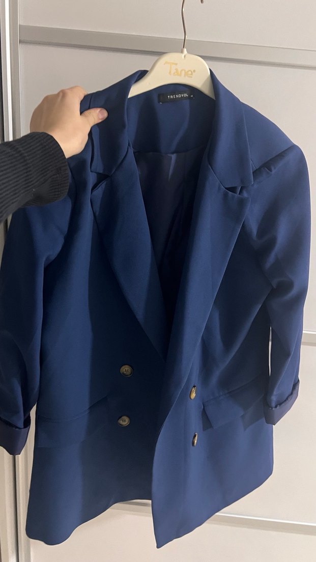 Kadın Lacivert Düğmeli Midi Blazer - Görsel 2