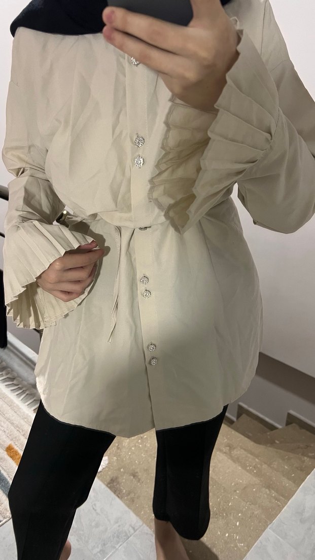 Bej Pileli Gömlek - Görsel 2