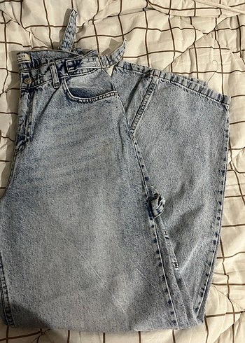 gri-acik mavi karisik renkli Bel Detaylı Rahat Kesim Kadın Jean - Görsel 2