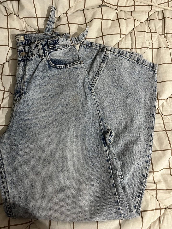 gri-acik mavi karisik renkli Bel Detaylı Rahat Kesim Kadın Jean - Görsel 2