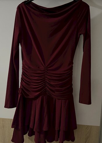 Bordo Drapeli Midi Kadın Abiye Elbise - Görsel 2