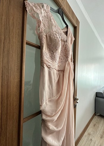 Drapeli Pudra Uzun Abiye Elbise - Görsel 2