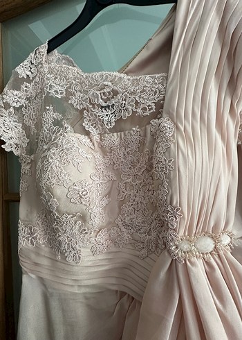 Drapeli Pudra Uzun Abiye Elbise - Görsel 4