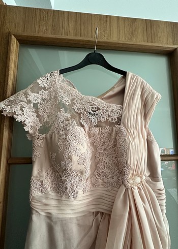 Drapeli Pudra Uzun Abiye Elbise - Görsel 3