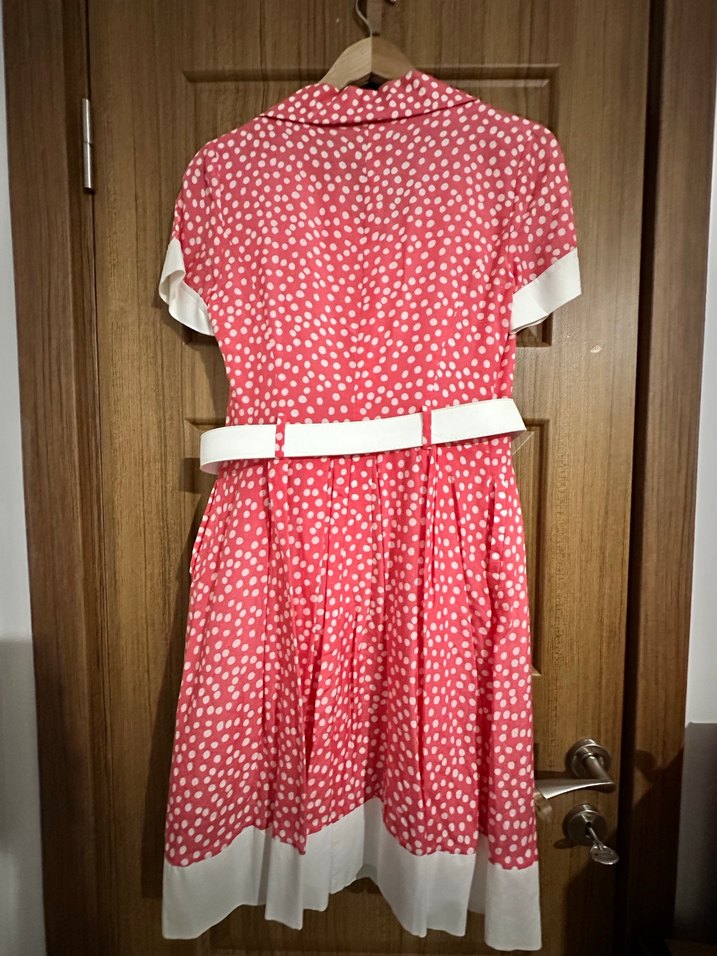 Ekol Puantiyeli Beyaz Kemerli  Astarlı Vintage Midi Elbise - Görsel 2