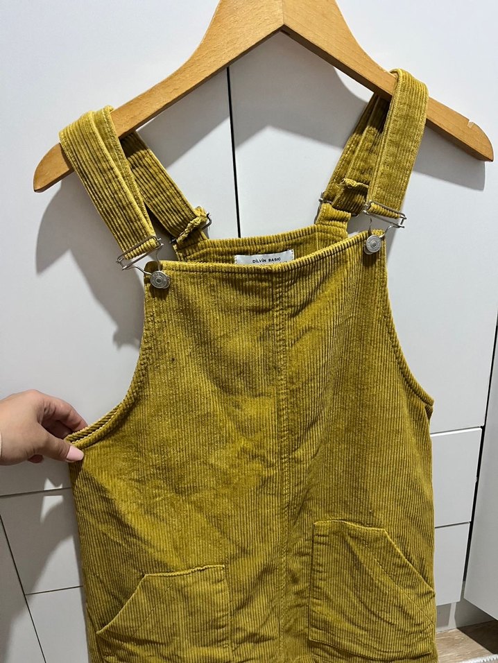 DİLVİN Sarı Süet Askılı Mini Salopet - Görsel 3