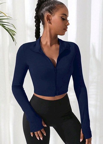 Kadın Lacivert Fermuarlı Crop Sweatshirt (S/M) - Görsel 2