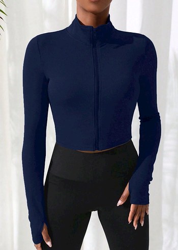 Kadın Lacivert Fermuarlı Crop Sweatshirt (S/M) - Görsel 3