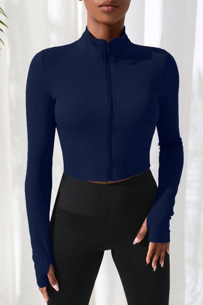 Kadın Lacivert Fermuarlı Crop Sweatshirt (S/M) - Görsel 3