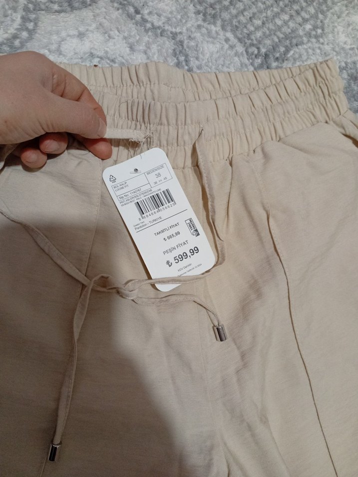 Bej Kadın Keten Rahat Kesim Pantolon - Görsel 2