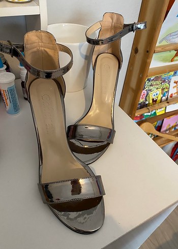 Parlak Gri 9 cm Kalın  Topuklu Kadın Ayakkabı - Görsel 3