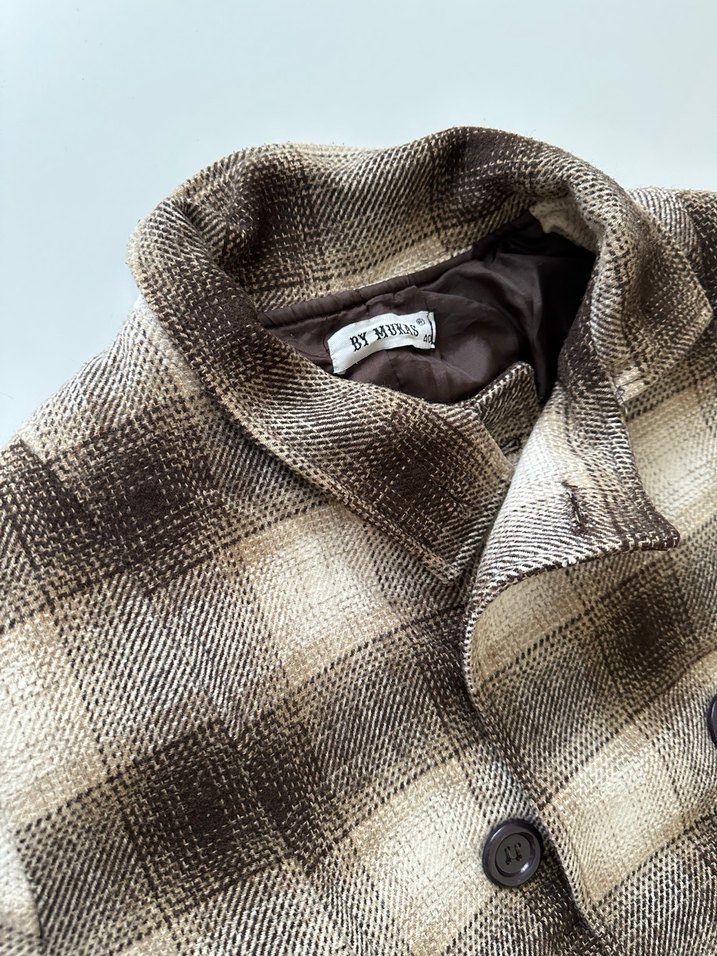 Düğmeli Kahverengi Ekose Kadın Kaban - Görsel 2