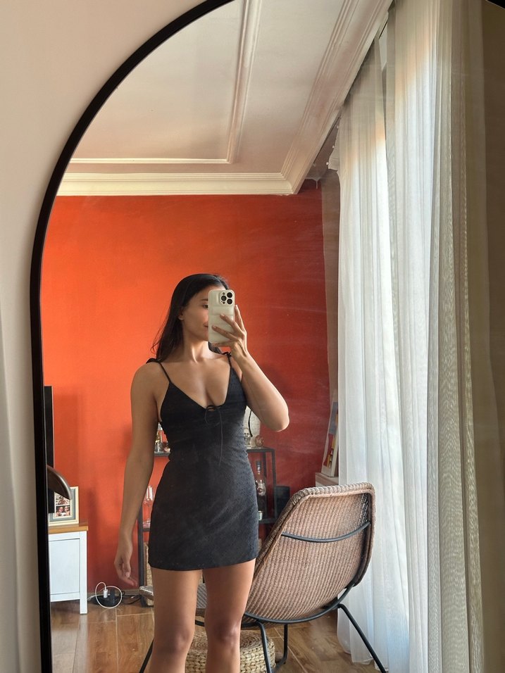 Siyah  V Yaka Mini Elbise - Görsel 4