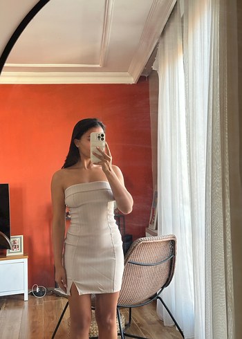 Krem rengi Straplez Mini Elbise - Görsel 3