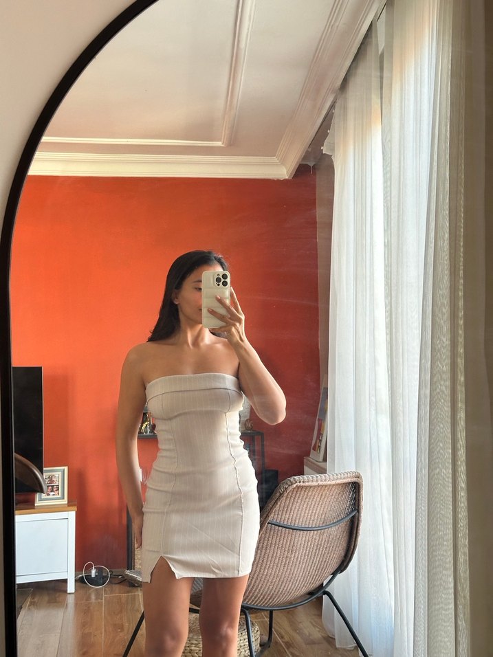 Krem rengi Straplez Mini Elbise - Görsel 2