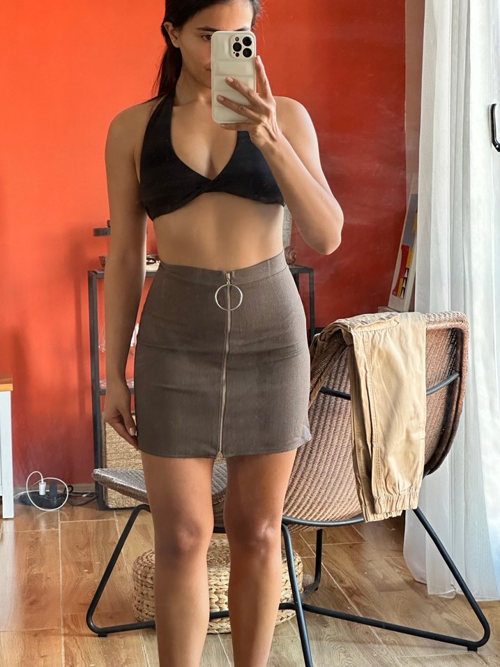 Kahverengi  Mini  kumaş Etek - Görsel 2