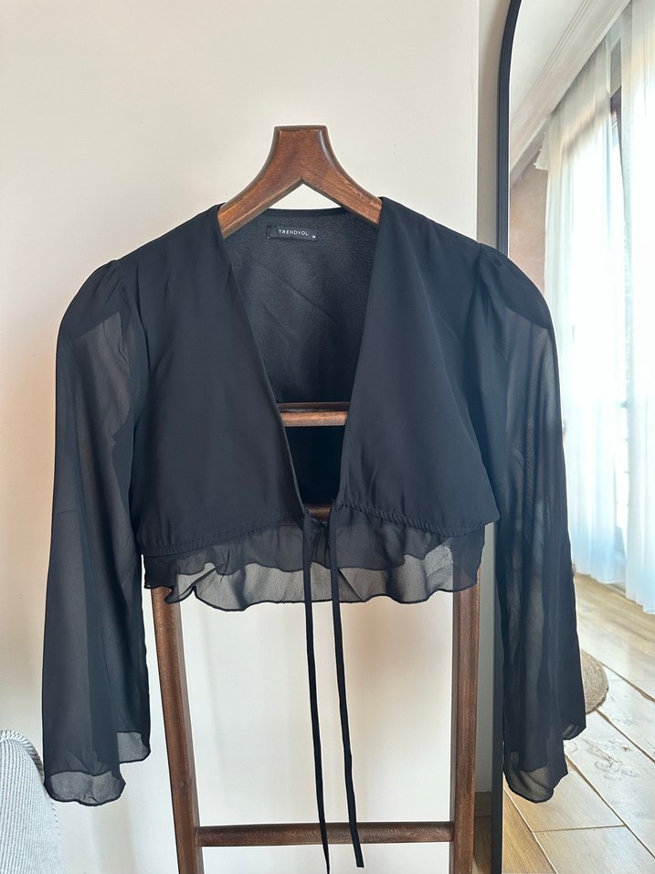 Siyah Transparan V Yaka Uzun Kollu Bluz - Görsel 2