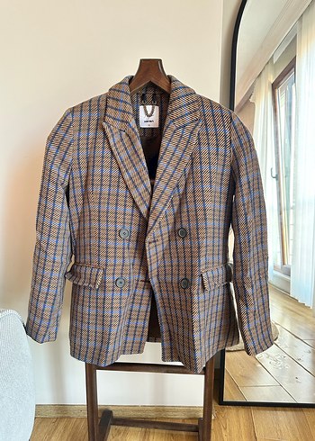 Kadın kahverengi Ekose TBlazer Ceket - Görsel 2