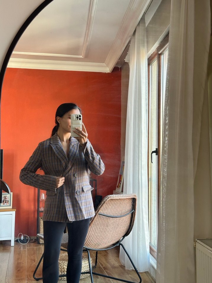 Kadın kahverengi Ekose TBlazer Ceket - Görsel 5