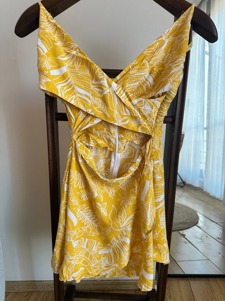 Sarı Mini V Yaka  Elbise - Görsel 2