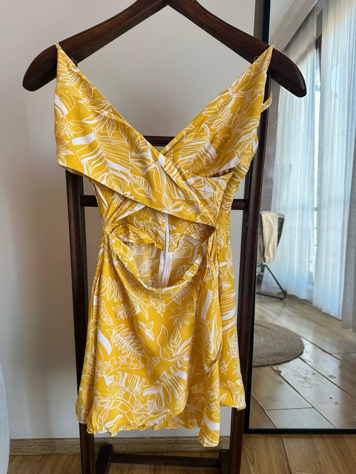 Sarı Mini V Yaka  Elbise - Görsel 3