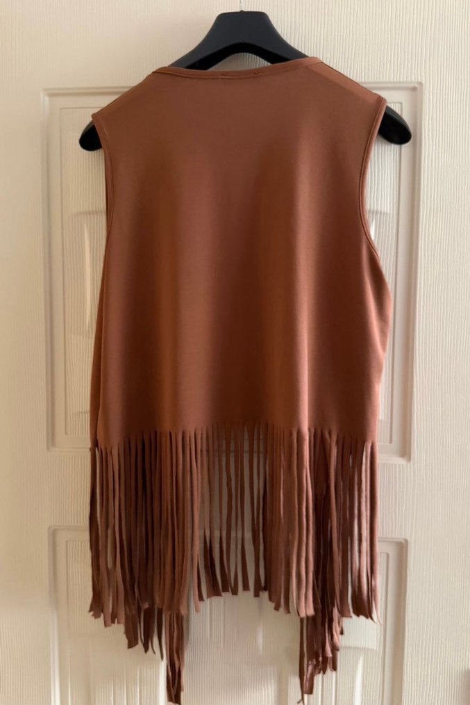 Saçaklı Kahverengi Bohem Yelek - Görsel 2