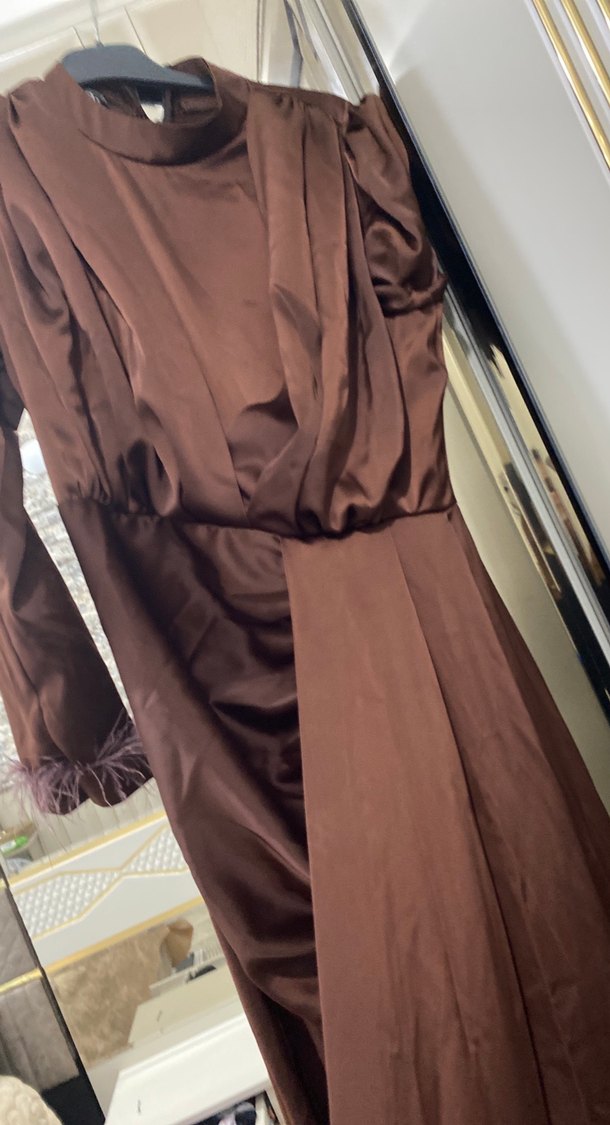 Kahverengi Drapeli Uzun Abiye Elbise - Görsel 2